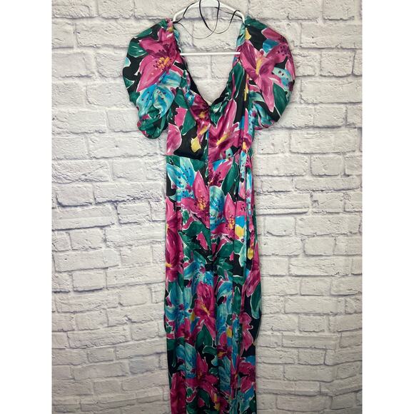 Zara Floral Multicolor Silky 1-Piece Pants Romper Short Sleeved Tie Belt Medium - Picture 3 of 4